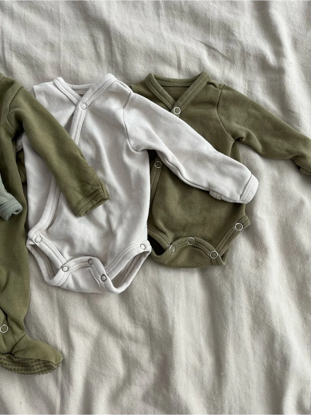 Lot of 4 L'ovedbaby Olive Green Snap-Front Footed and Short Sleeve One-Pieces